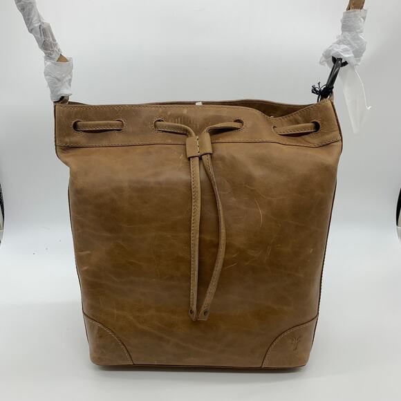 Frye Leather Handbags Melissa Drawstring Hobo Bag Brown Beige Color Purse (NWT) - Picture 2 of 16